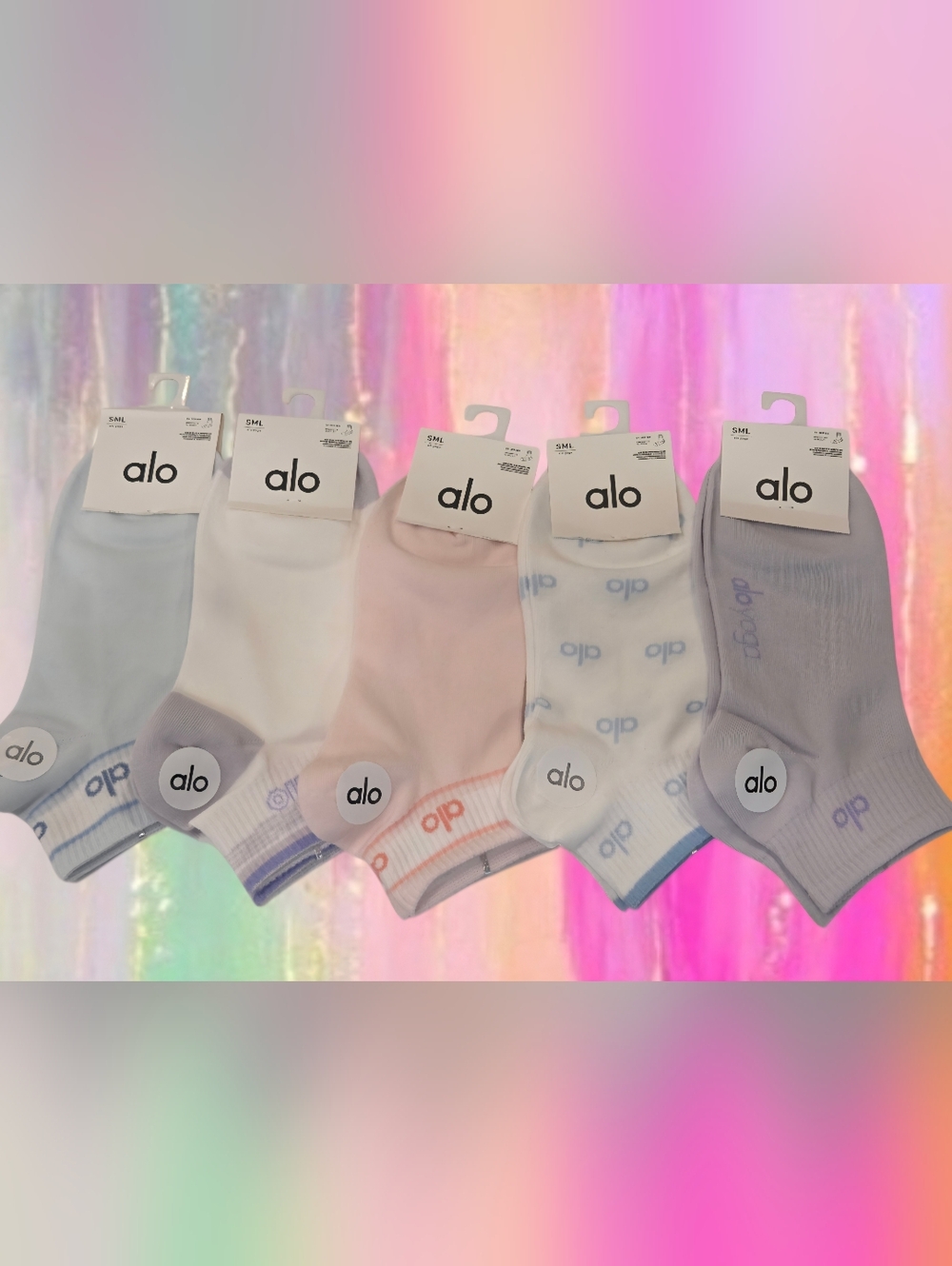 ALO Womens Logo Socks Small Pink, Purple, Blue & White BNWT 5 Pair Small